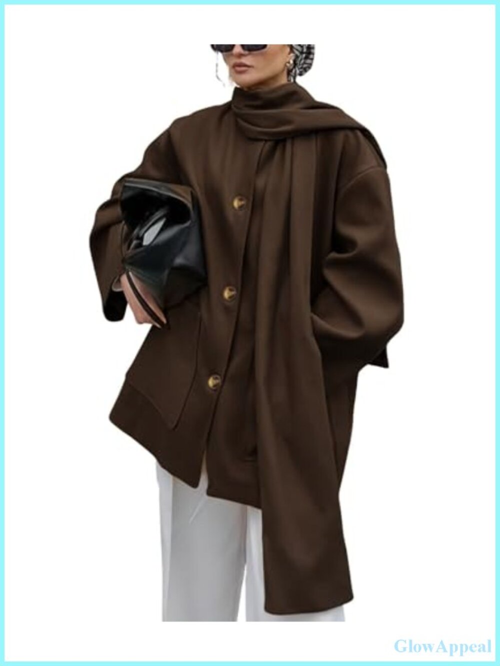 Women's Wool Blend Pea Coat with Removable Scarf, Single Breasted, Long Sleeve,